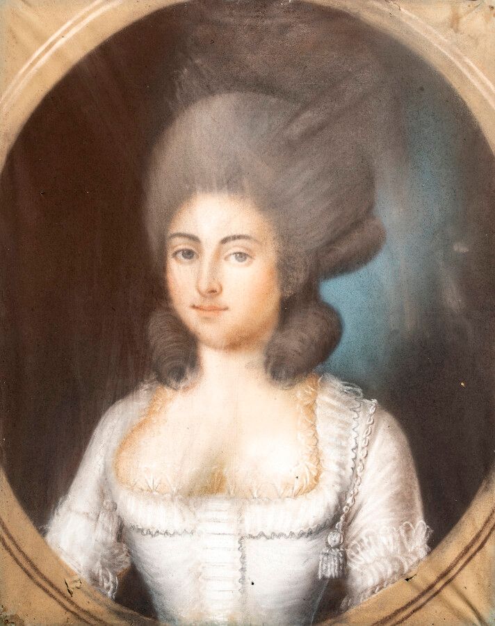 ECOLE FRANCAISE XVIIIEME SIECLE Portrait de femme à la robe blanche Pastel sur p&hellip;