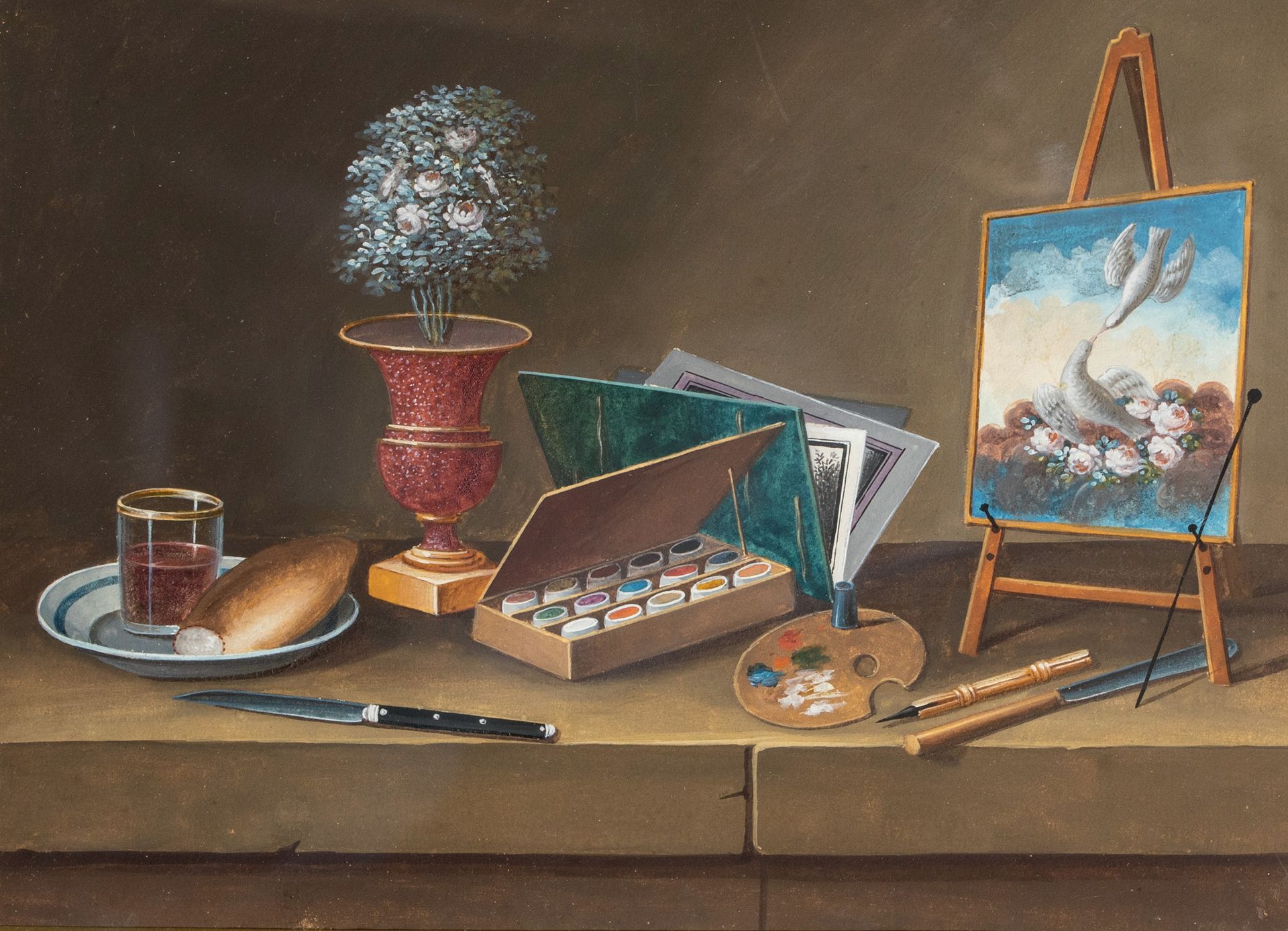 PAUL LELONG (1799-1846) 有曼陀林、桃子和花瓶的静物 纸上水粉画
15 x 20 cm (à vue)
有调色板、两只鸽子、面包和酒杯的静&hellip;