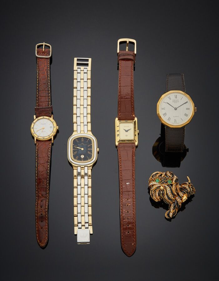 Null 由GUCCI, Emerich MEERSON, A.BARTHELAY, YOUNGER BRESSON四个品牌的金属手镯手表组成的拍卖会。石英机芯&hellip;