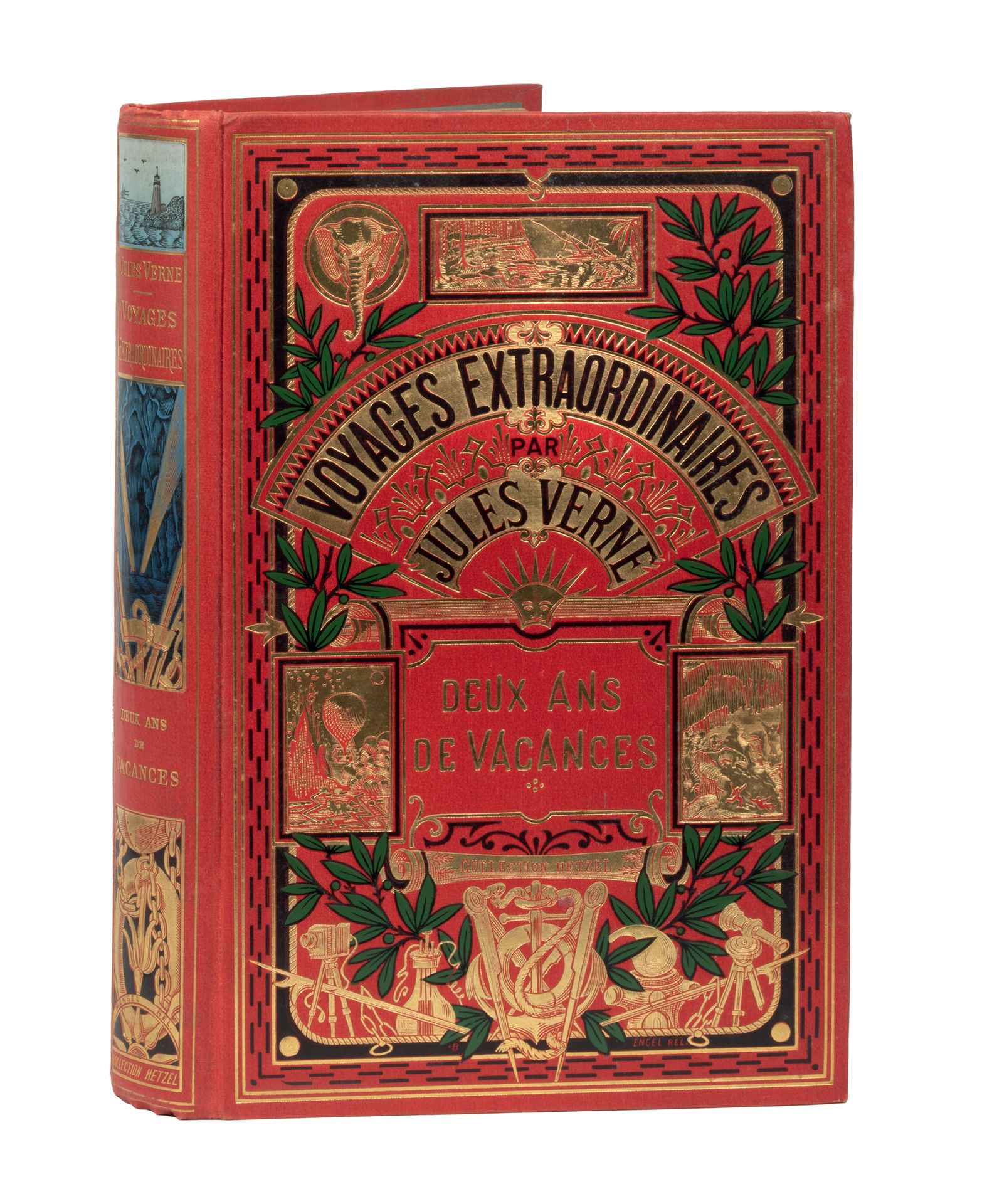 Null [罗宾逊家族的周期]儒勒-凡尔纳的《两年的假期》。贝内特的插图。巴黎，Hetzel收藏，日期（约1905年）。
大型双开8页。出版商的全烫金多色板，"&hellip;