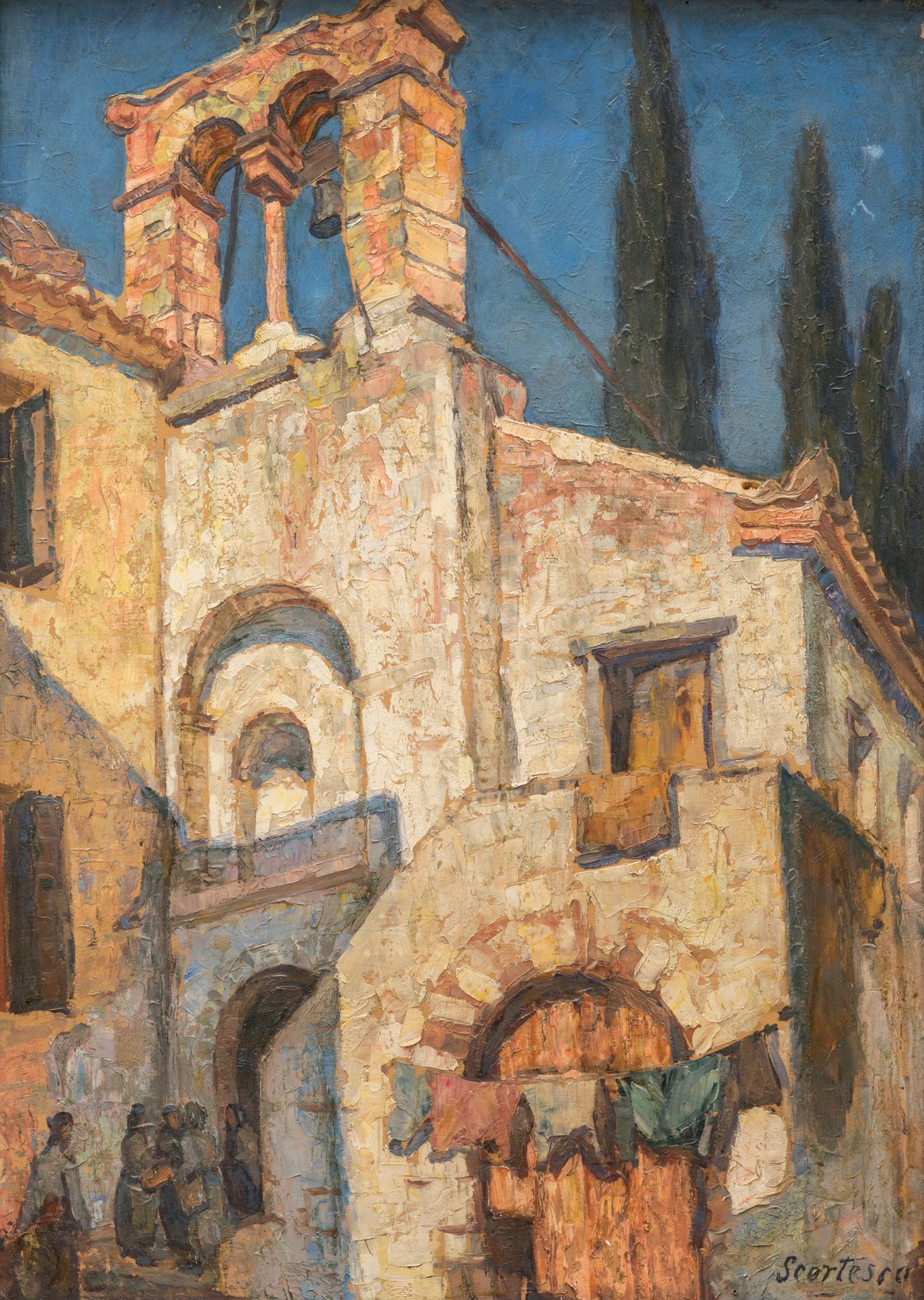 Paul SCORTESCO (1895-1976) 教堂前的人物
面板上的油画，右下角有签名，有少量重绘和少量材料缺失 69 x 49,5 cm