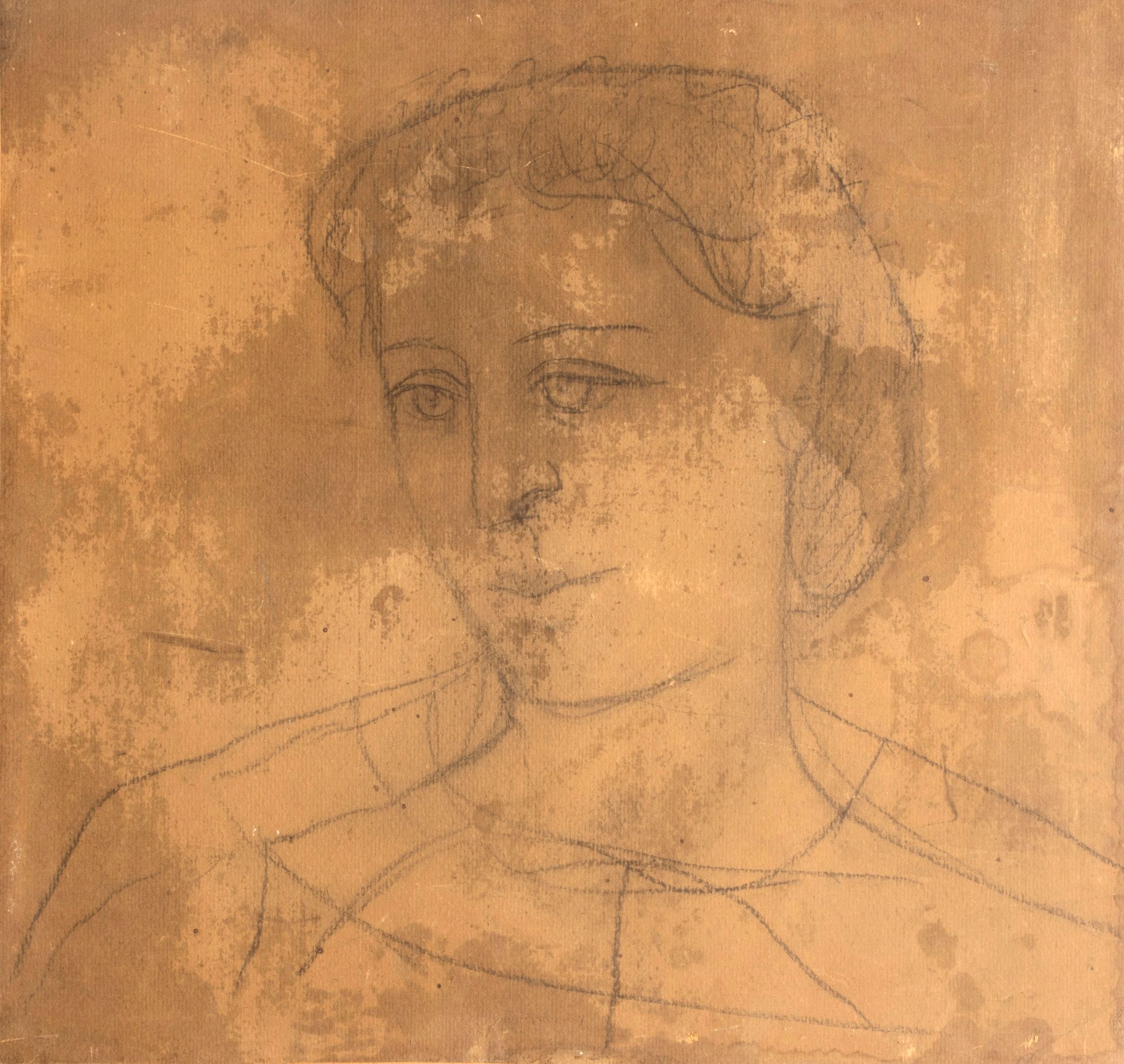 PIERRE TAL COAT (1905-1985) 一个女人的肖像
纸上木炭，装在画布上，有污点，纸张变色
50 x 52 cm