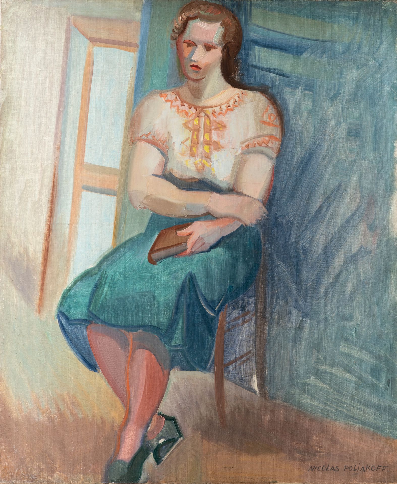 Nicolas POLIAKOFF (1899-1976) 坐着的女人
布面油画，右下角有签名，背面有两处修饰 65 x 54 cm