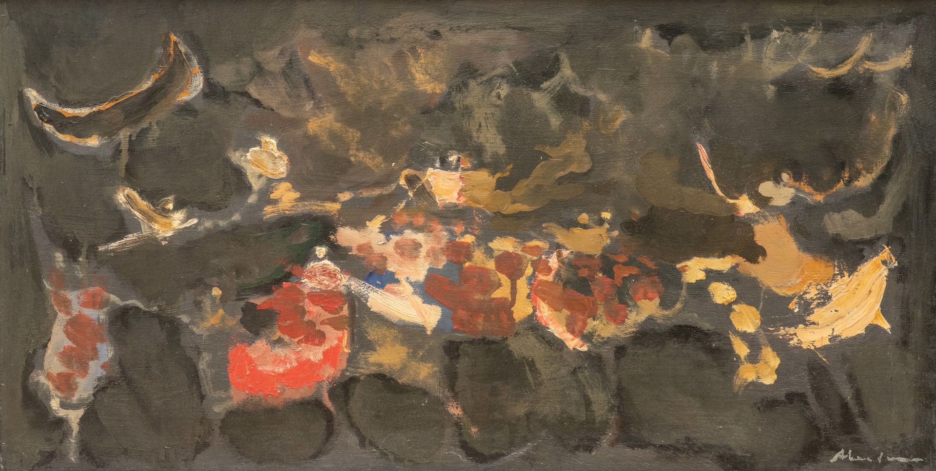 Alfred ABERDAM (1894-1963) 舞蹈场景
面板油画，右下角签名 46.5 x 92.5 cm