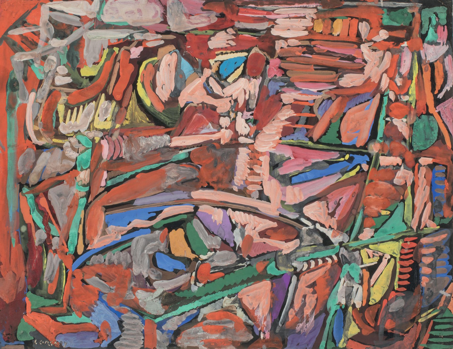 André LANSKOY (1902-1976) 作文
纸上水粉画，左下角有签名，四个角有画针孔 25 x 32.5 cm