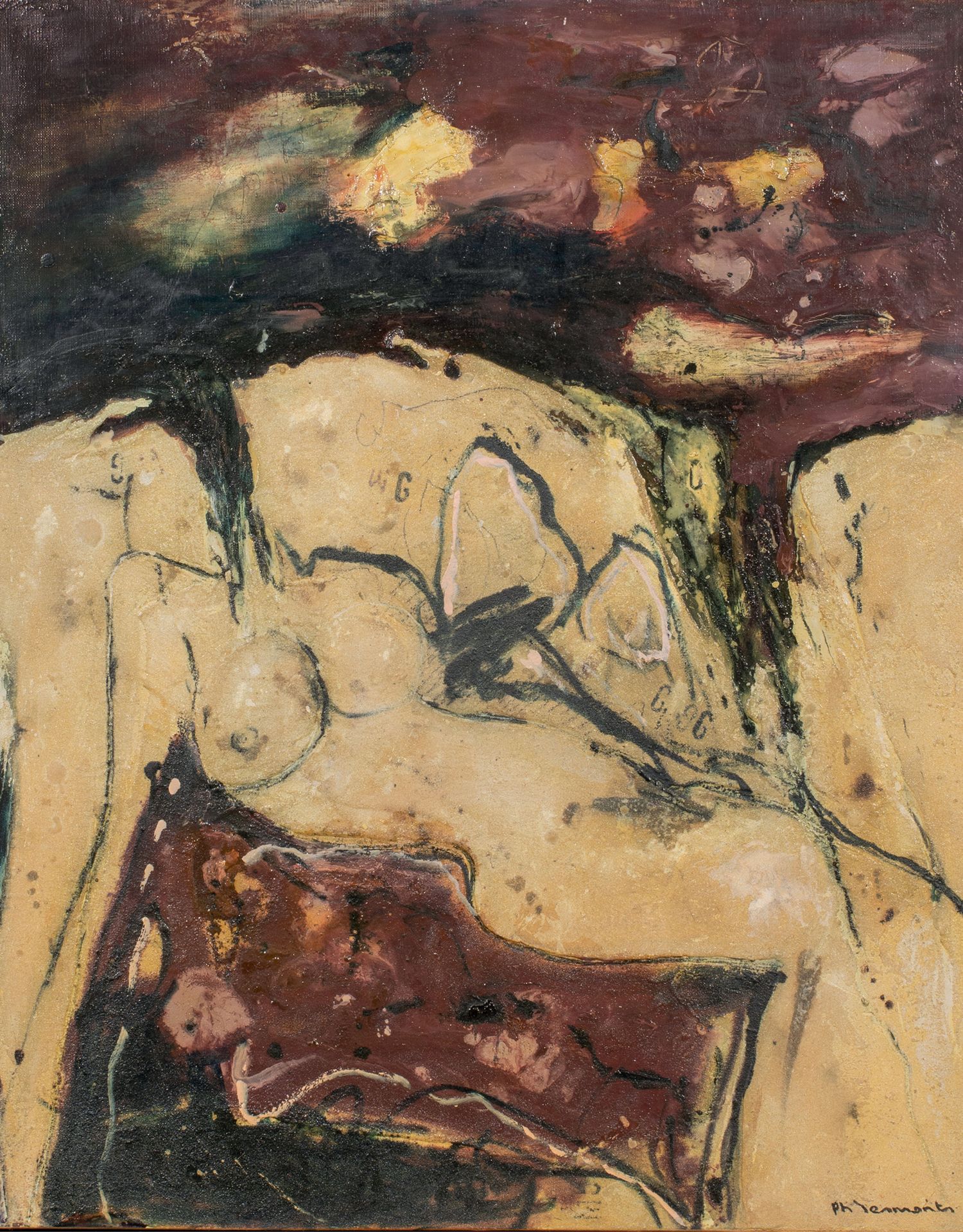 ECOLE DE XXème SIECLE 风景中的裸体，1990年
布面混合媒体，右下方有签名，背面有会签、日期和标题 81 x 65 cm