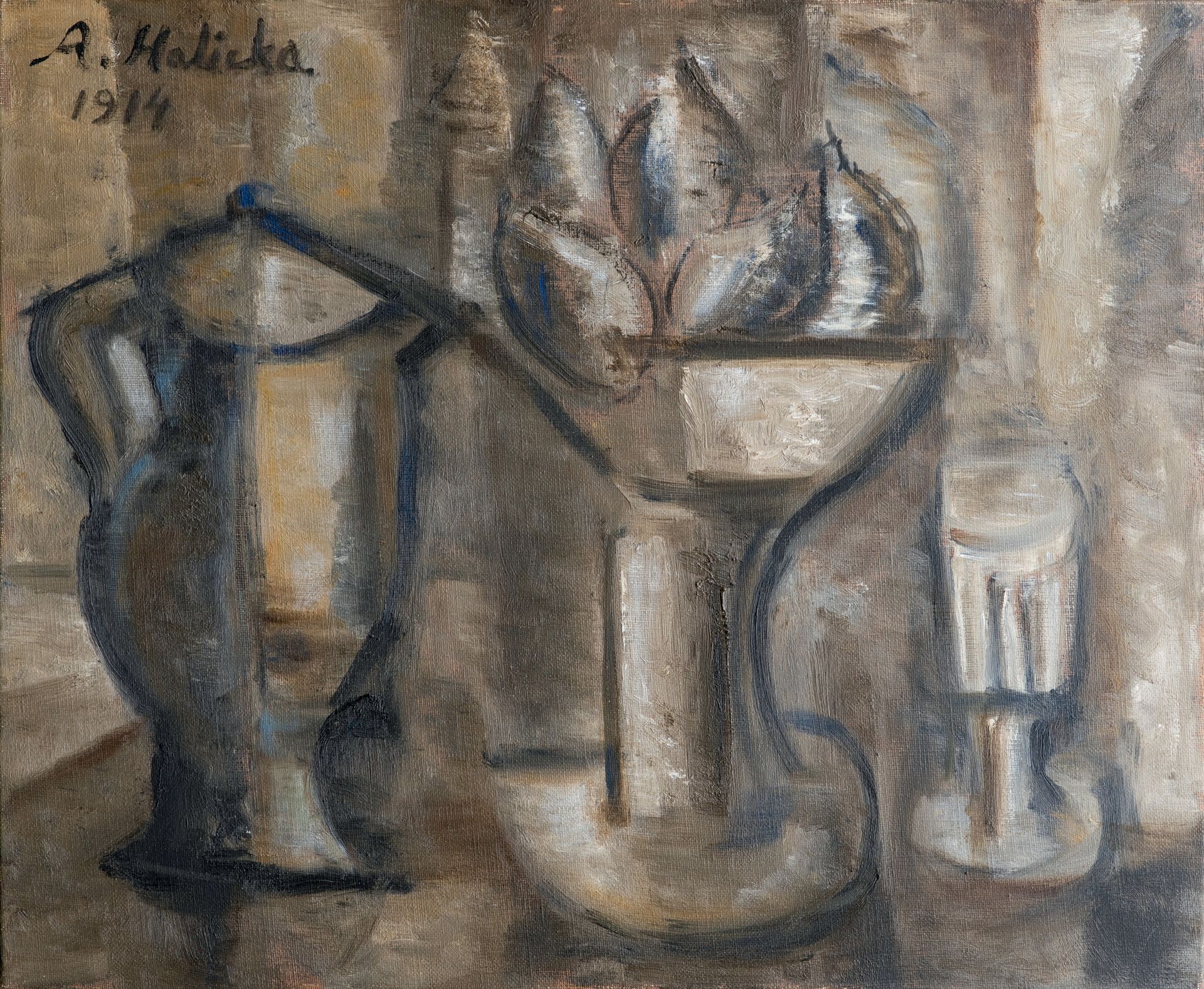 Alice HALICKA (1894 - 1975) 静物与水果碗，壶和玻璃，约1960-1970 布面油画，左上方有签名和日期1914
38 x 46 cm