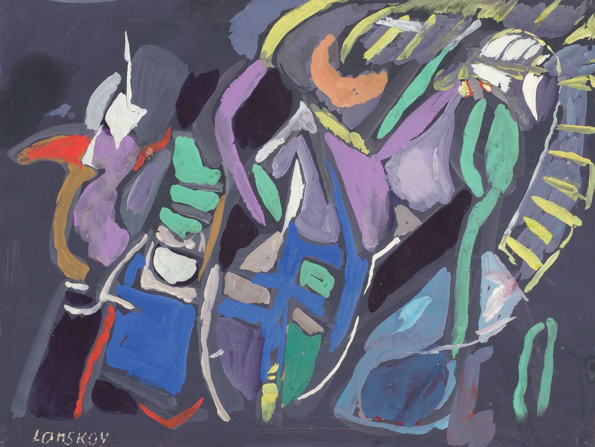 André LANSKOY (1902-1976) 作文
纸上水粉画，左下角有签名，四个角都有画针孔，背面有纸条
25 x 32.5 cm