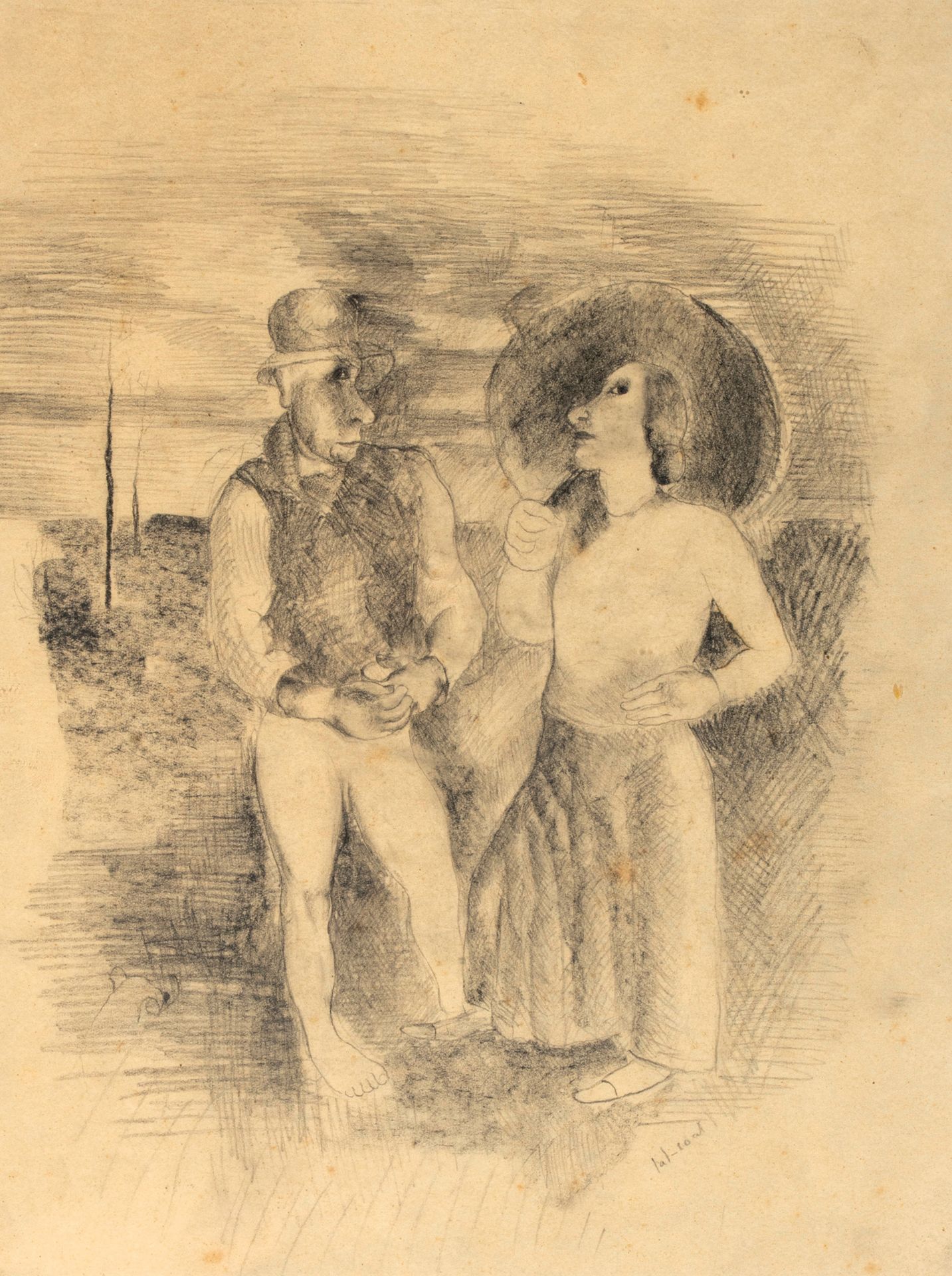 PIERRE TAL COAT (1905-1985) 这对夫妇
纸上铅笔、木炭，右下角有签名，有轻微晕染，有框架 31.5 x 24 cm