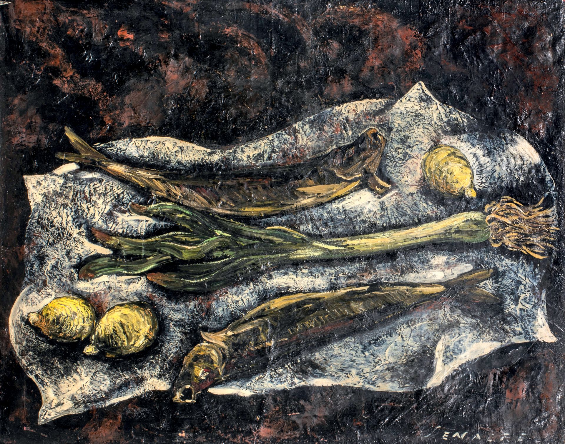 Ramon Jou SENABRE (1893-1978) Fish, leeks and lemons
Oil on canvas, signed lower&hellip;