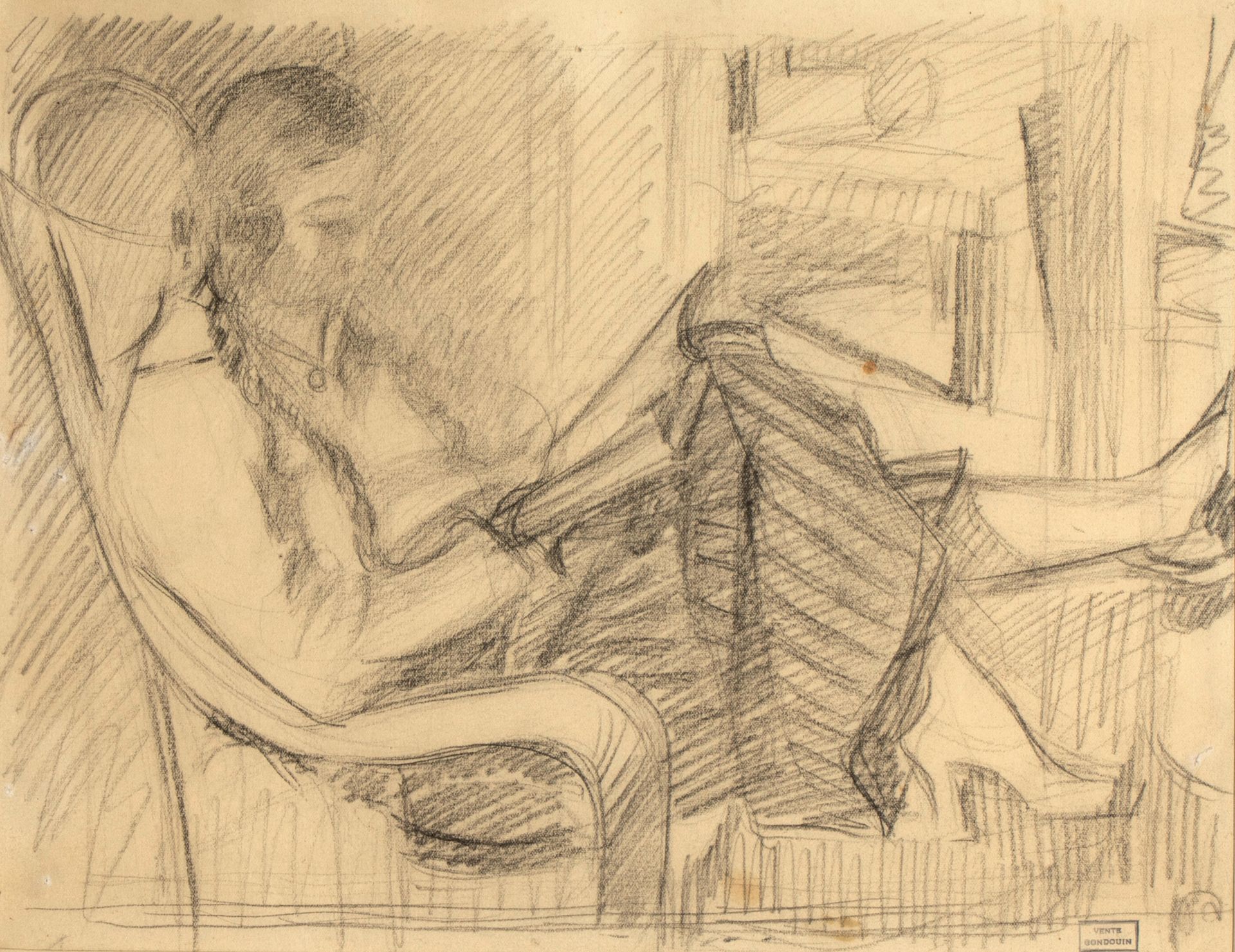 Emmanuel GONDOUIN (1883-1934) 读书的女人
纸上铅笔，右下角有贡杜安工作室销售的印章，有非常轻微的晕染，有框架 24.5 x 32 &hellip;