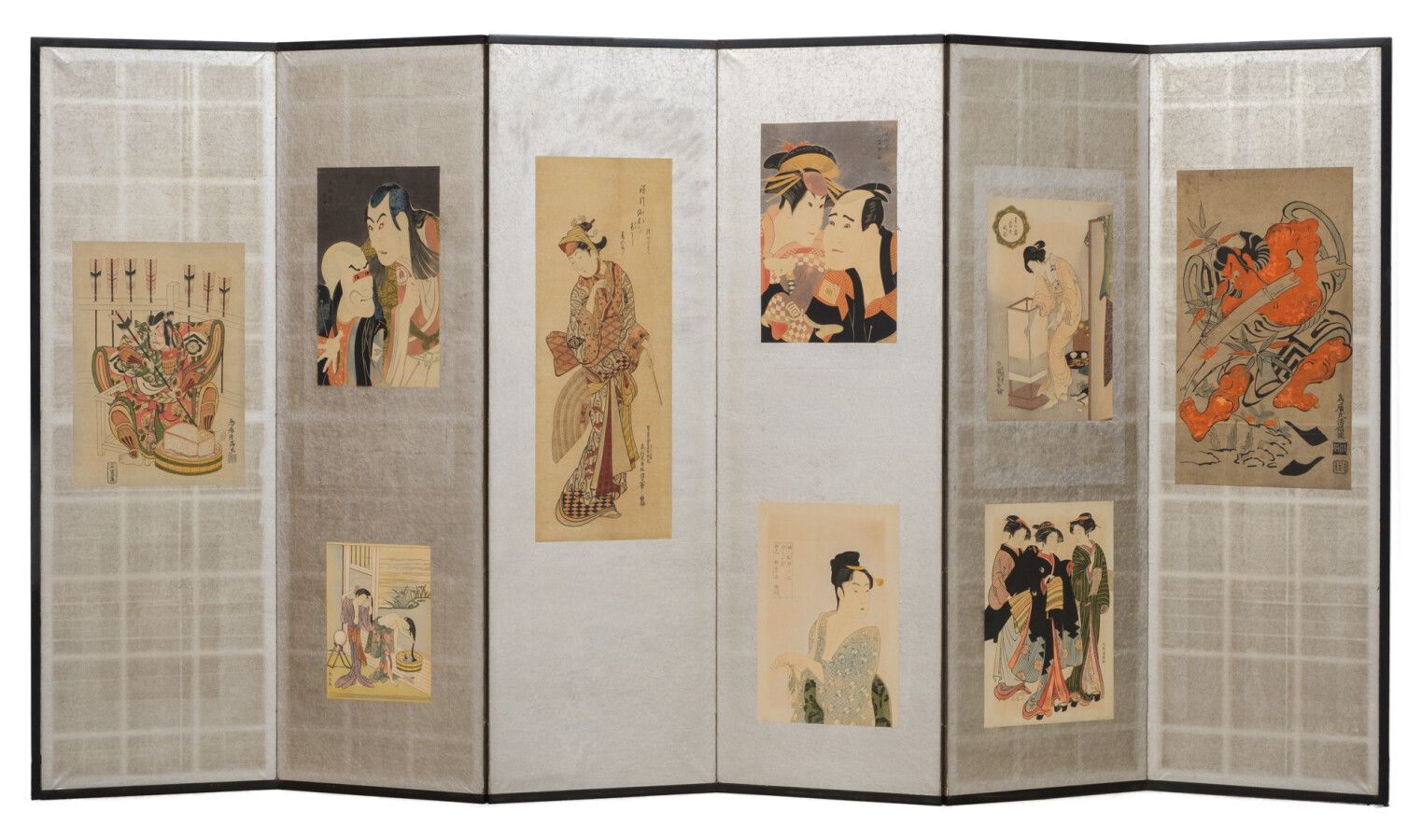 Null Sechsteiliger Byobu-Paravent, bestückt mit neun Faksimile-Holzschnitten ver&hellip;
