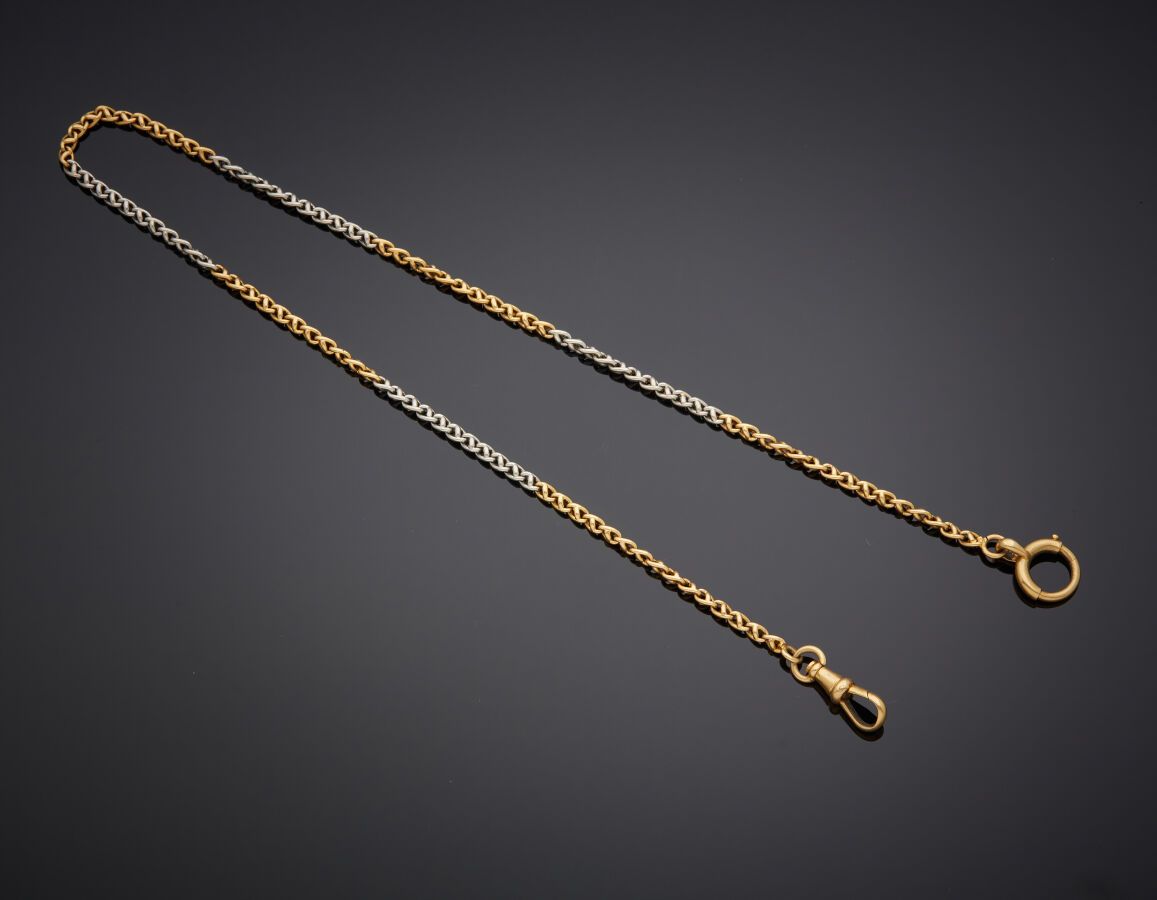 Null 一条双色的，黄金（750‰）和杂金属（MD），躯干为海军网状，交替使用的链条。法国作品，约1900年。

长度：40厘米。重量：20,3 g。