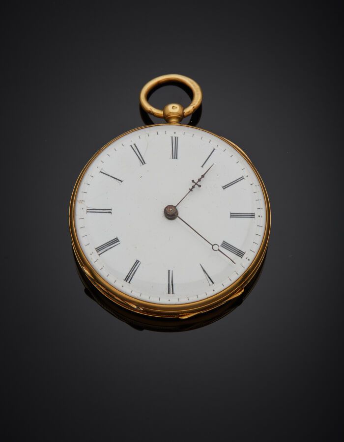 Null Yellow gold (750‰) guilloche and chased pocket watch, gadrooned caseband. W&hellip;