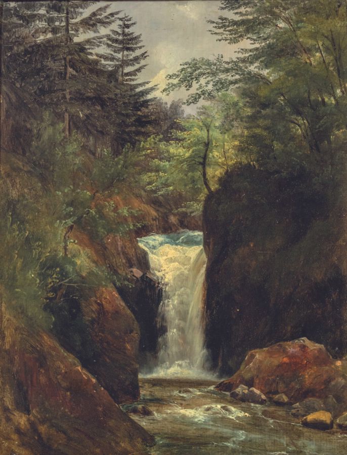 Null 奥古斯特-威廉-刘（Münster 1818 - Seelisberg 1897）。

有瀑布的风景，维尔德巴赫。

纸张安装在镶木板上。

27 x&hellip;