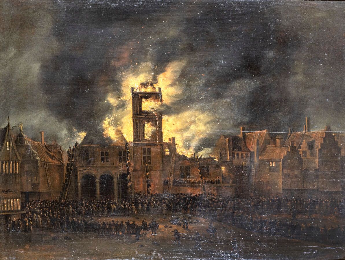 Null 安托尼-博尔索姆（阿姆斯特丹1630-1677）。

代尔夫特：1618年3月4日市政厅的火灾

橡木板，两块木板，未镶木板

高度：48.5厘米，宽&hellip;