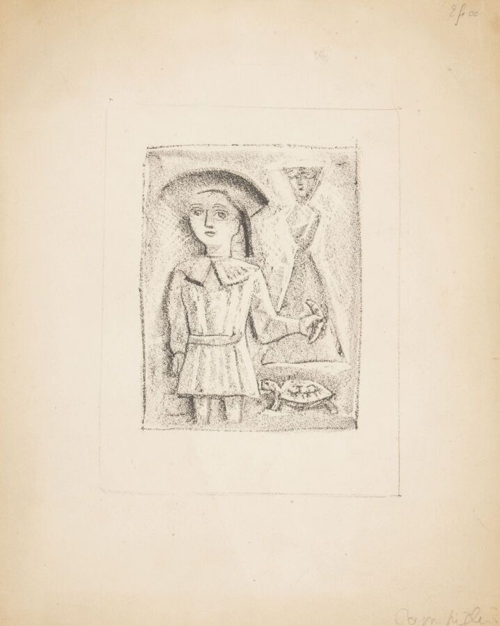 Null 马西莫-坎皮利(1895-1971)

年轻男孩与乌龟

牛皮纸上的石版画，用铅笔签名（？