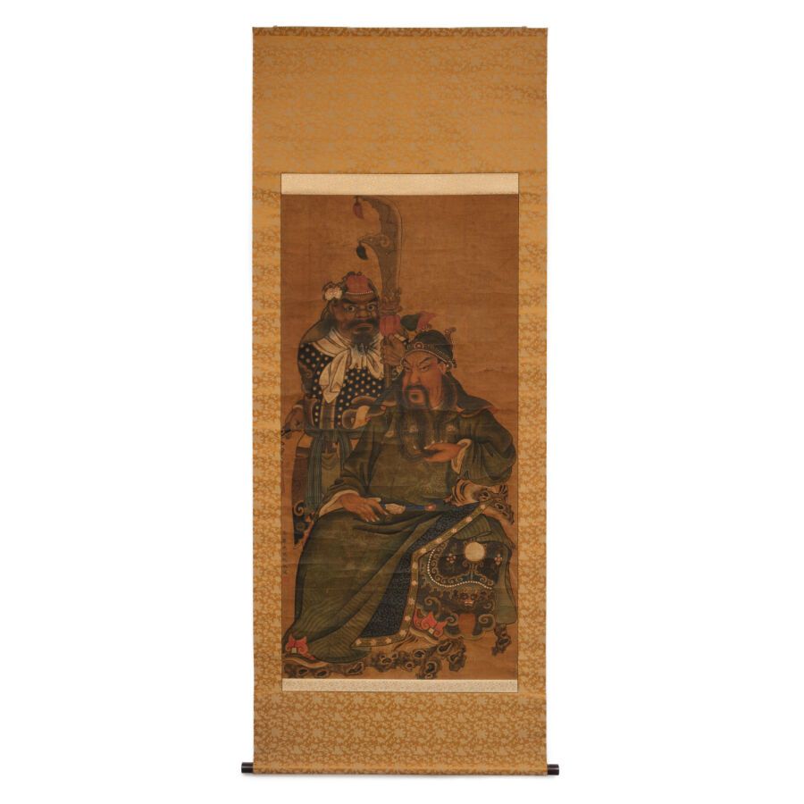Null Großes polychromes chinesisches Gemälde, das den Kriegsgott Guan Yu (Guandi&hellip;