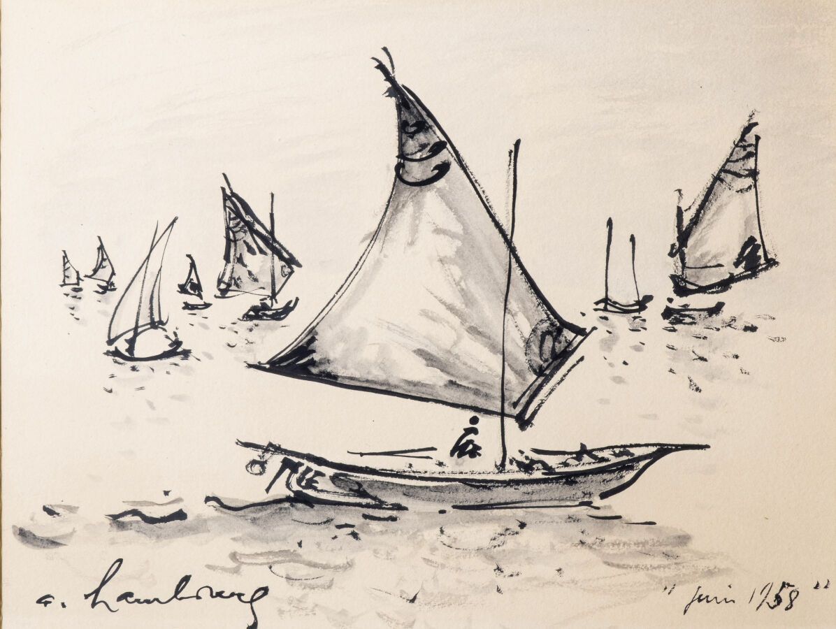 Null 安德烈-汉博格 (1909-1999) 
泻湖的船，1958年
水墨画，左下方有签名，右下方有1958年6月的日期
29.5 x 38.5 cm (展&hellip;