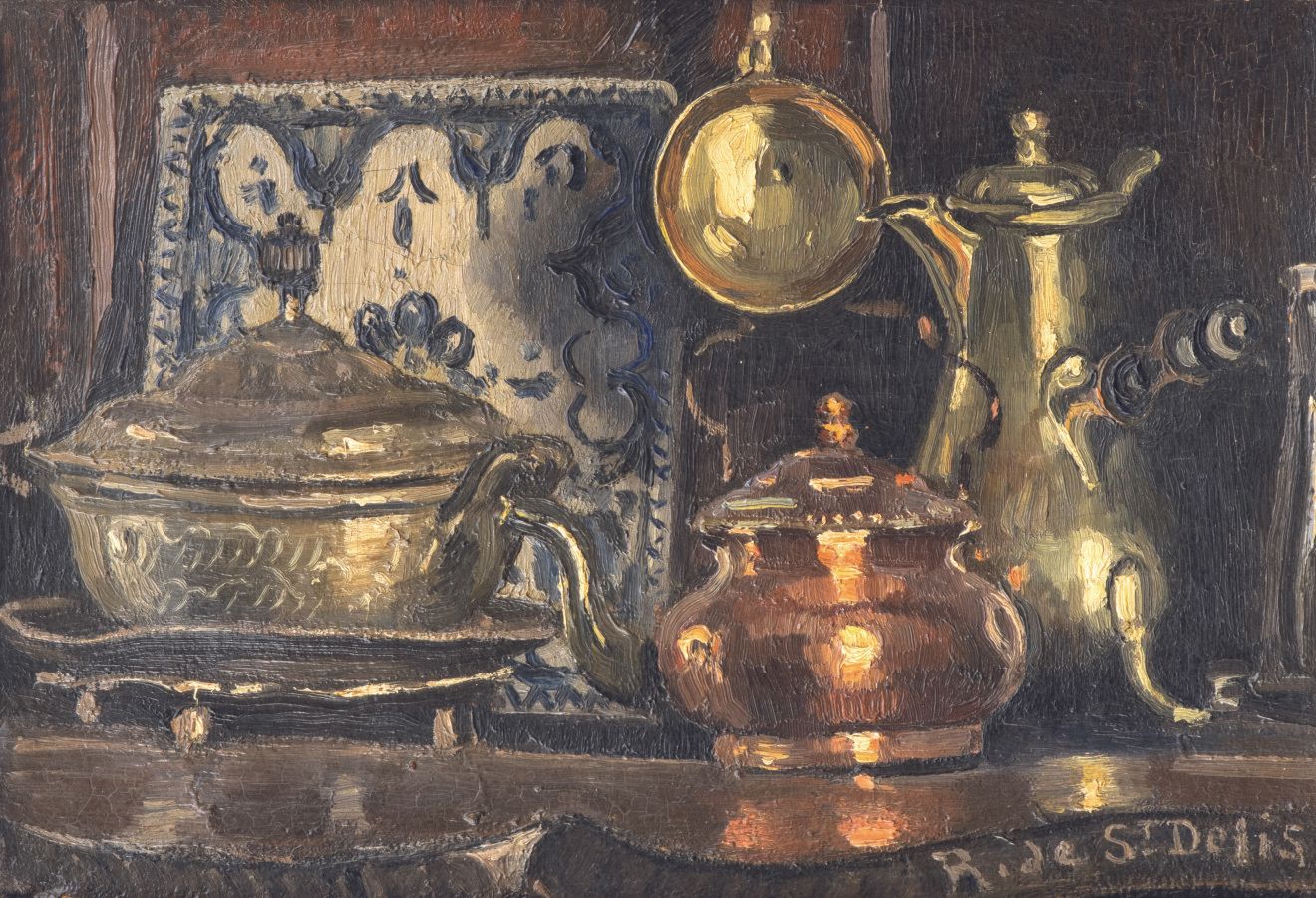 Null René Liénard de SAINT-DELIS (1873-1958) 静物画中的果酱、茶壶和咖啡壶
布面油画，右下角有签名（画布未拉伸），边&hellip;