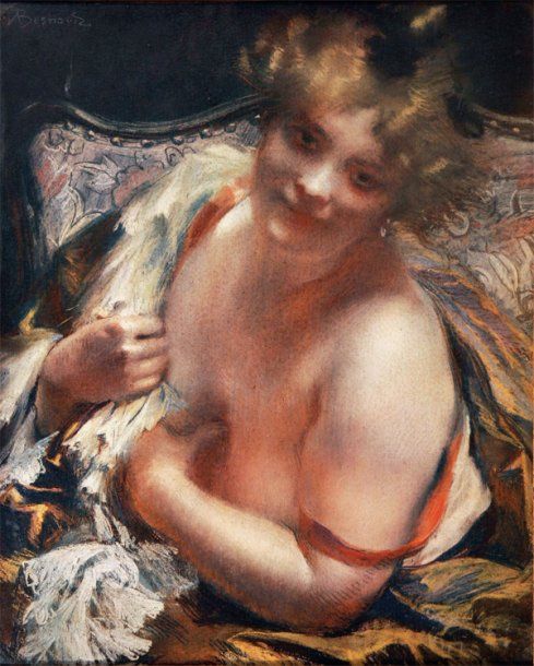 BESNARD Albert (1849-1934) Jeune femme dans un fauteuil Pastel, signé en haut à &hellip;