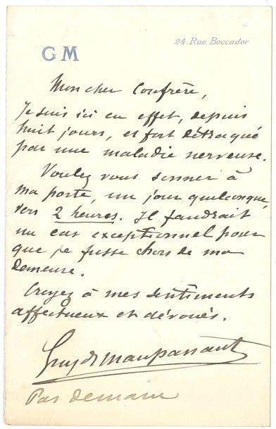 Guy de maupassant (1850-1893) L.A.S., mercredi [1881 ?], à un ami; 1 page in-8.
&hellip;