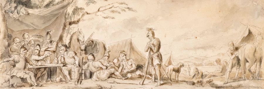 École FRANÇAISE du XVIIIe siècle Le déjeuner des soldats
Plume, lavis gris
10 x &hellip;