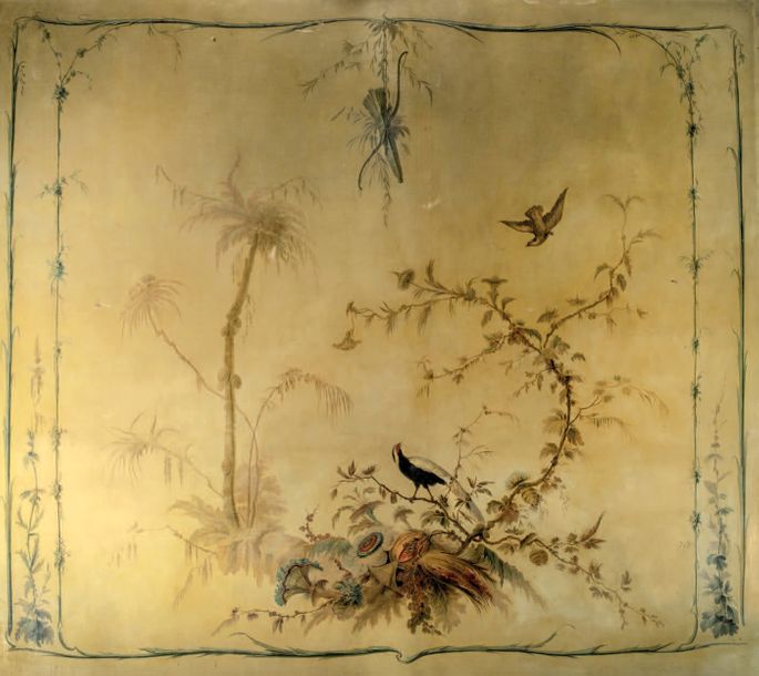 École FRANÇAISE de la fin du XVIIIe siècle Décor avec oiseaux et branchages fleu&hellip;