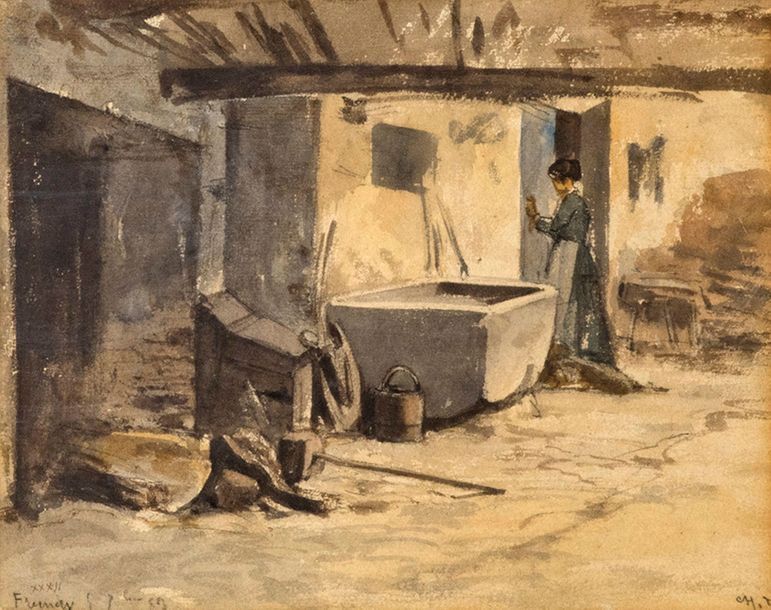 École FRANÇAISE de la fin du XIXe siècle La fermière dans la cour
Lavis, plume e&hellip;