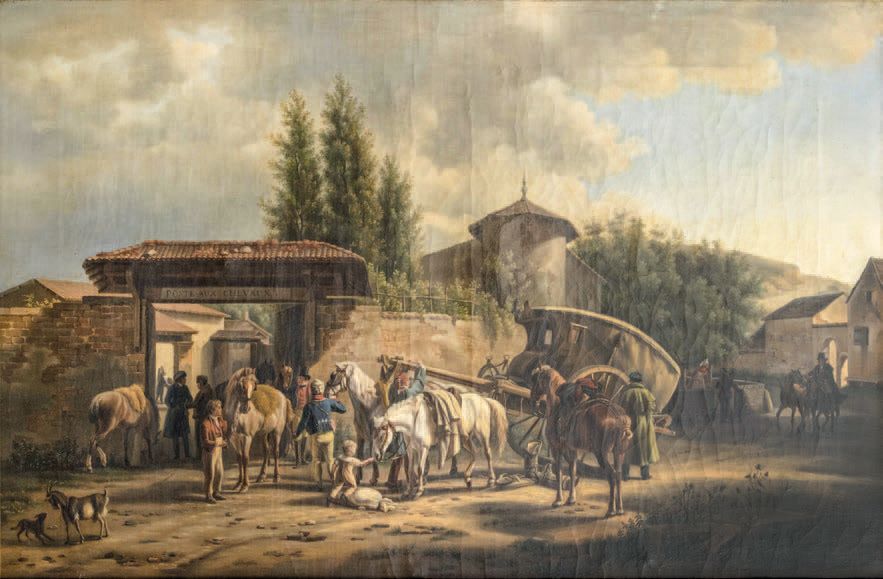 D'après DUCLAUX La poste aux chevaux
Huile sur toile, datée 1817 (renforts)