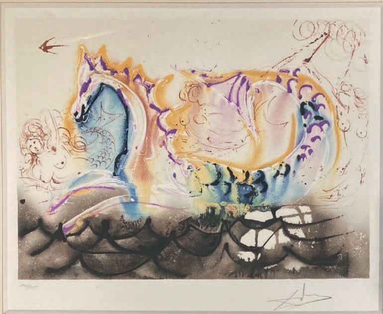 Salvator DALI (1904-1989): 海马和美人鱼。
彩色石版画，右下角有签名，左下角有编号 "141/250"。
展出内容：45.5 x 56&hellip;