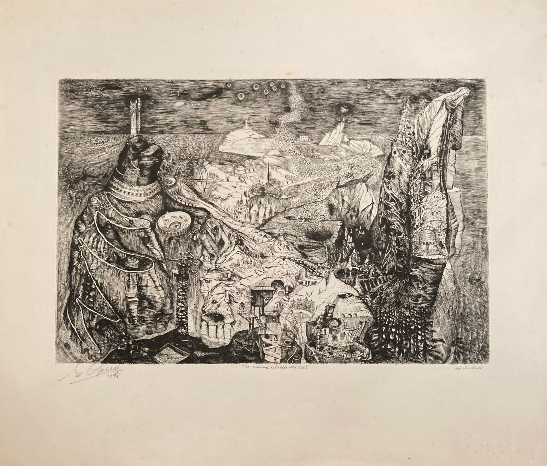 Édouard GOERG (1893-1969): LES OISEAUX CHASSÉS DU CIEL.
蚀刻版画，左下方有签名，日期为 "1938"，中&hellip;