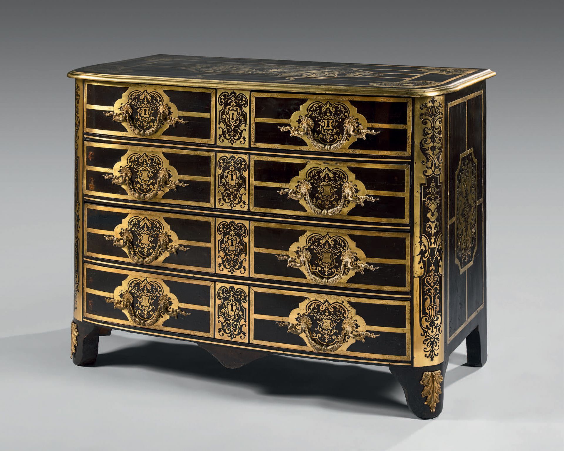 Null A blackened ebony veneer chest of drawers with brass and engraved brass mar&hellip;