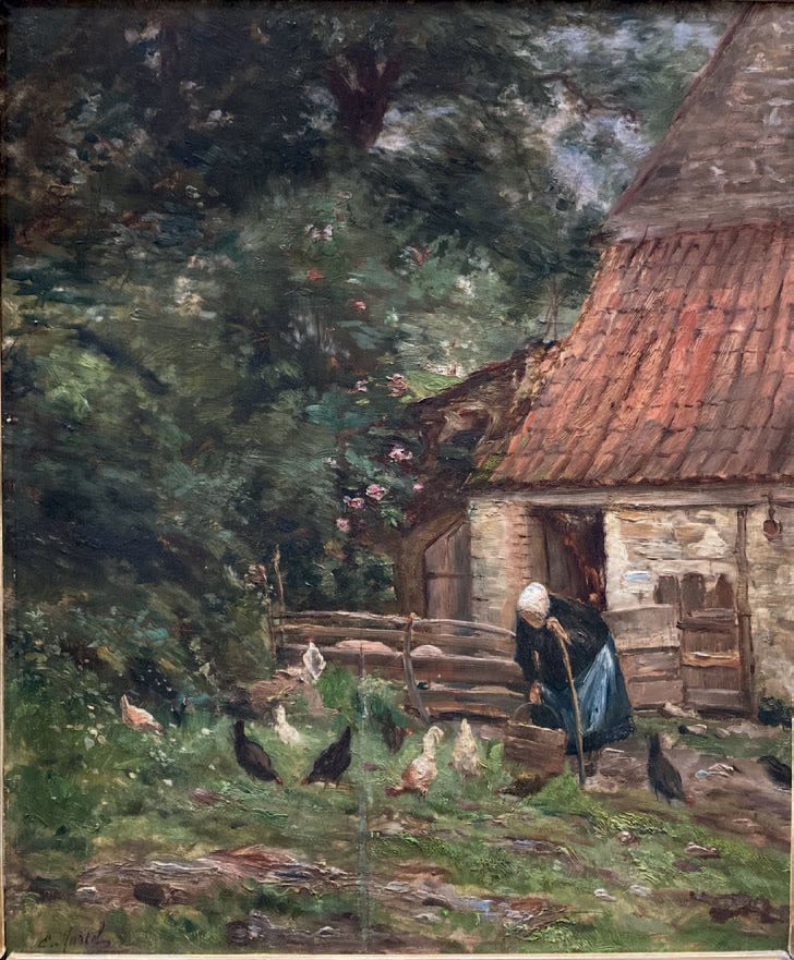 Émile MARTEL (XIXe-XXe siècle): 农田里的农妇。
板面油画，左下方签名。
46 x 38 cm。
裂缝，修复。