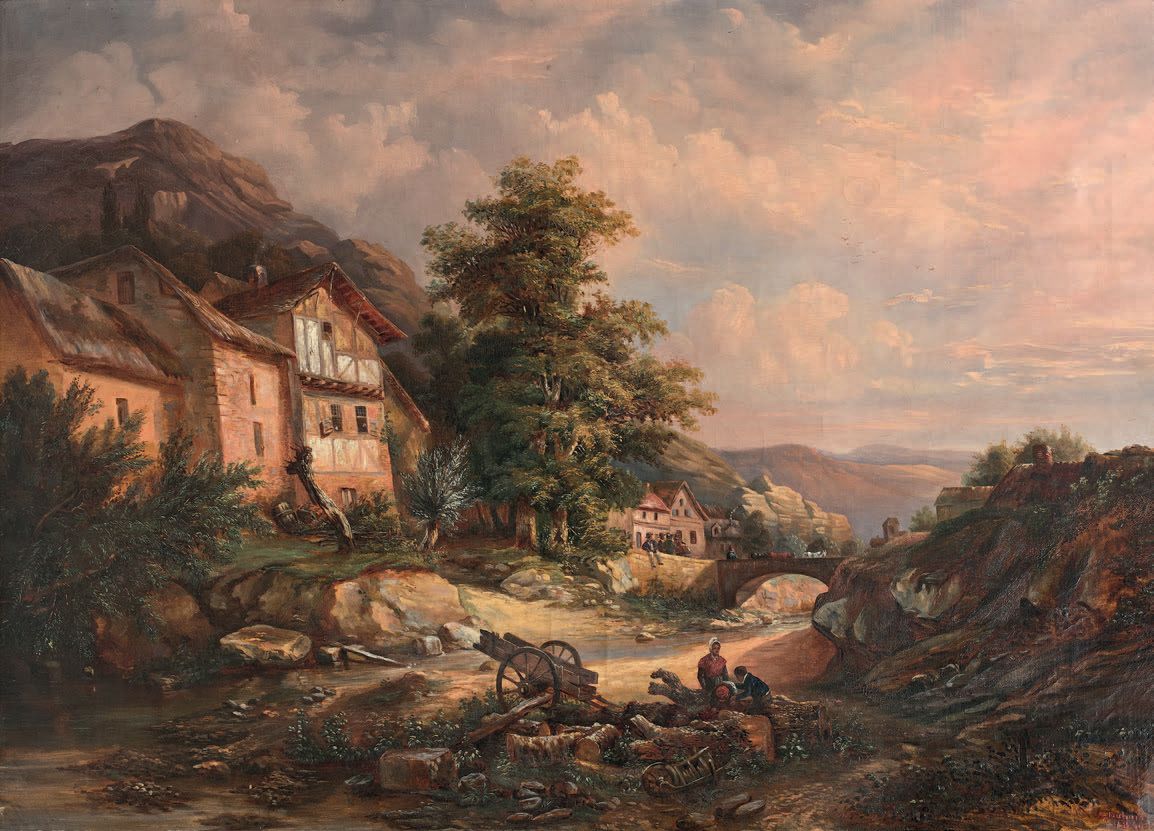 A. DUBOIS, école suisse du XIXe siècle: LIVELY LANDSCAPE AT THE CHALETS.
Olio su&hellip;