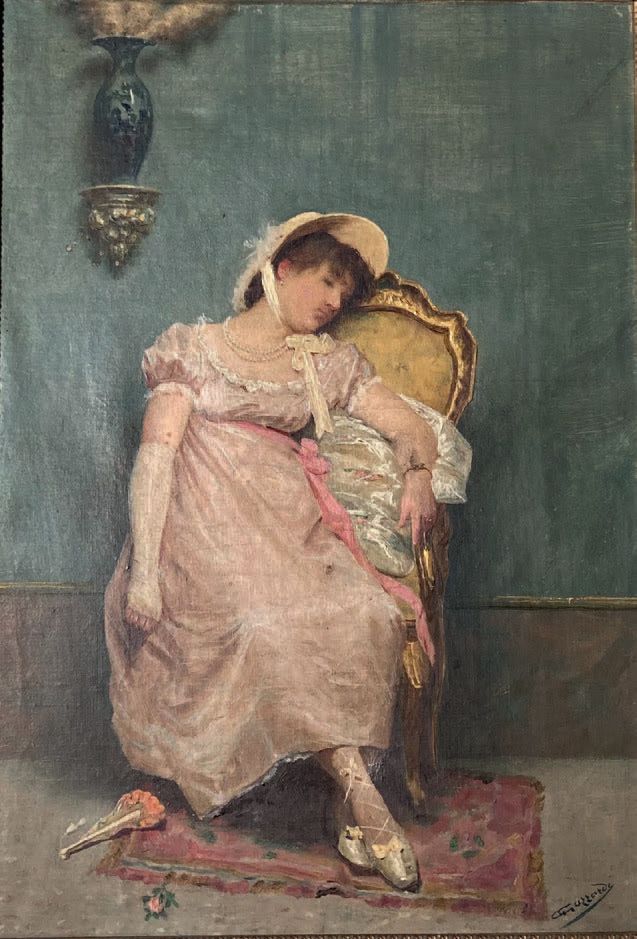 Guiseppe GUIZZARDI (1845-1914): JEUNE FEMME ENDORMIE, RETOUR DE BAL.
Olio su tel&hellip;