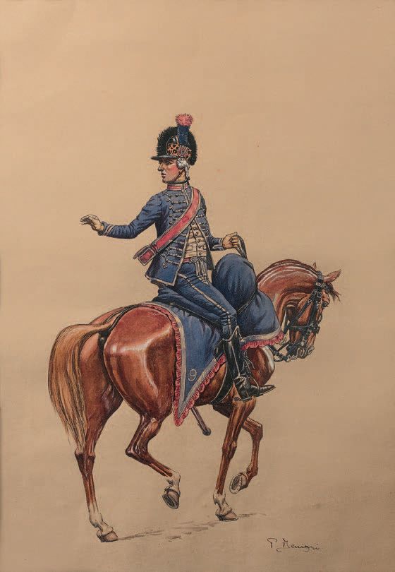 Pierre BENIGNI (1878-1956): 第9个骑马的猎人。
水彩、墨水和白色水粉高光，右下角有签名。
视线：55 x 38 cm。
有些狐臭。