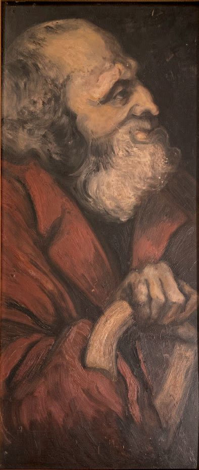 Pierre DMITRIENKO (1925-1974) : 拄着甘蔗的白胡子男人，1946年。
面板上的油画，背面有标题和日期，注有 "Hélène FLA&hellip;