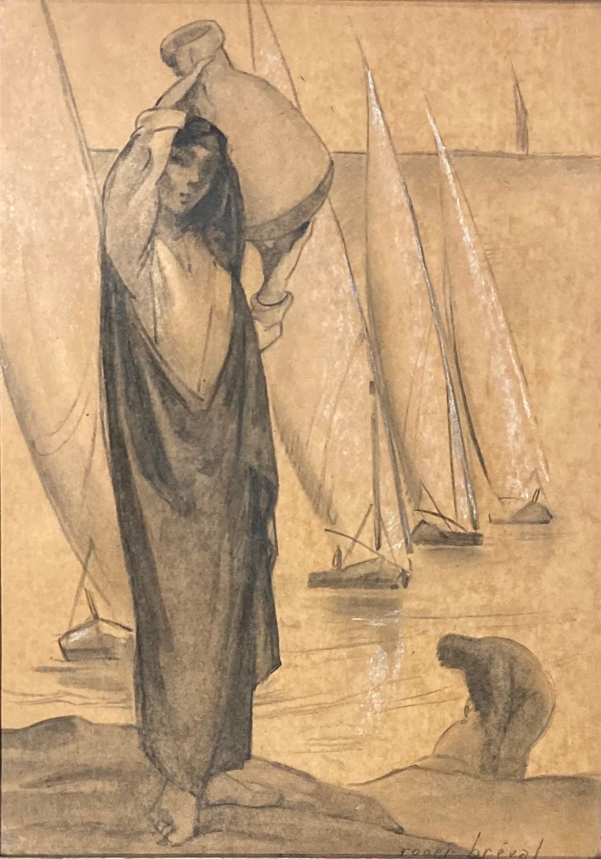 Roger BREVAL (XXe siècle): 埃及妇女从尼罗河汲水。
炭笔，铅笔，树桩和白色水粉高光，右下角签名。
41 x 30厘米。