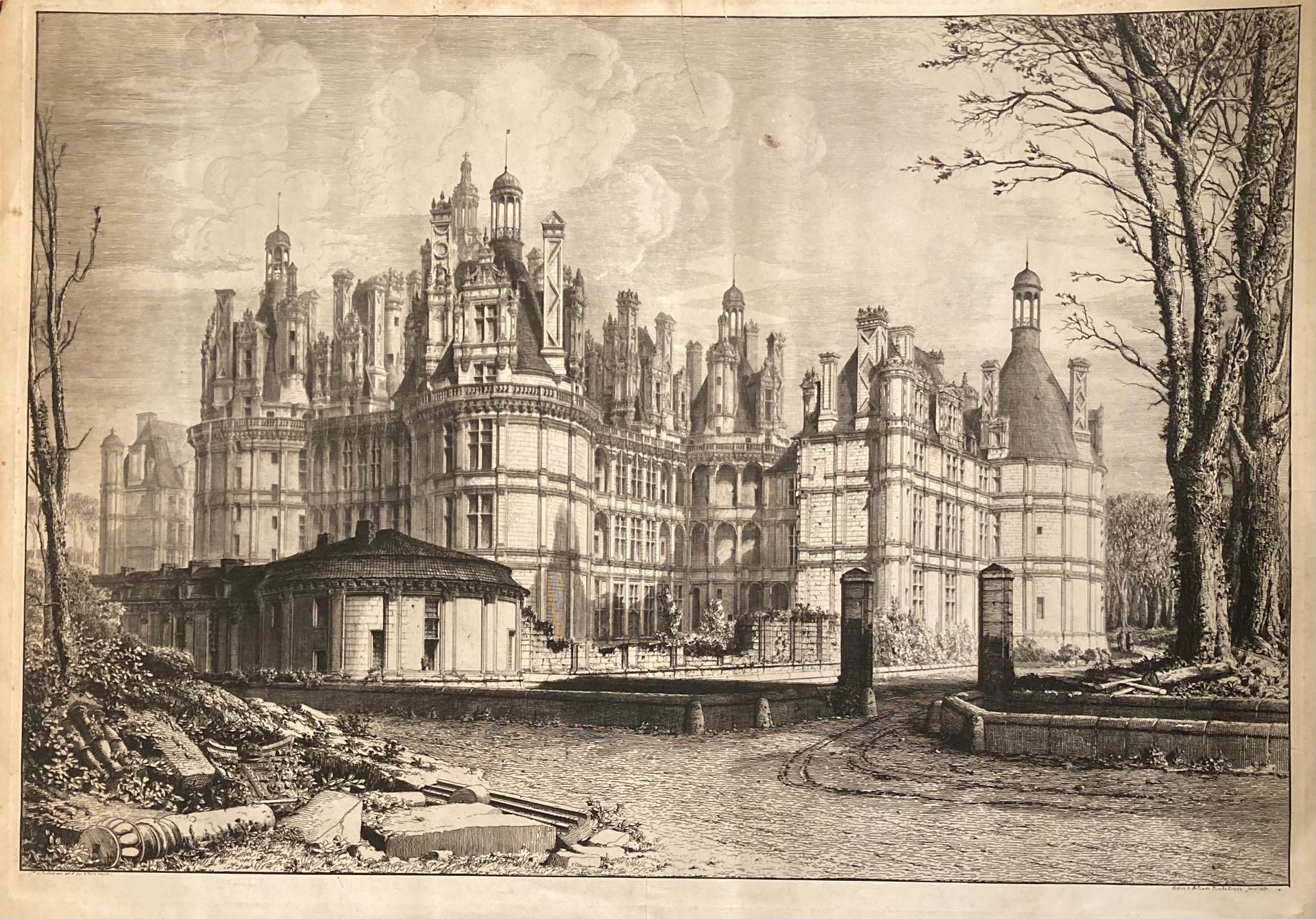 Octave de ROCHEBRUNE (1824-1900): - 尚博尔城堡。
蚀刻版画，左下方签名，位于 "Terre Neuve "左下方，"献给Al&hellip;