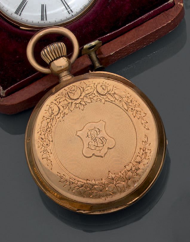 Null Taschenuhr mit Doppelgehäuse aus 18 Karat Gelbgold (750). Das Gehäuse ist m&hellip;