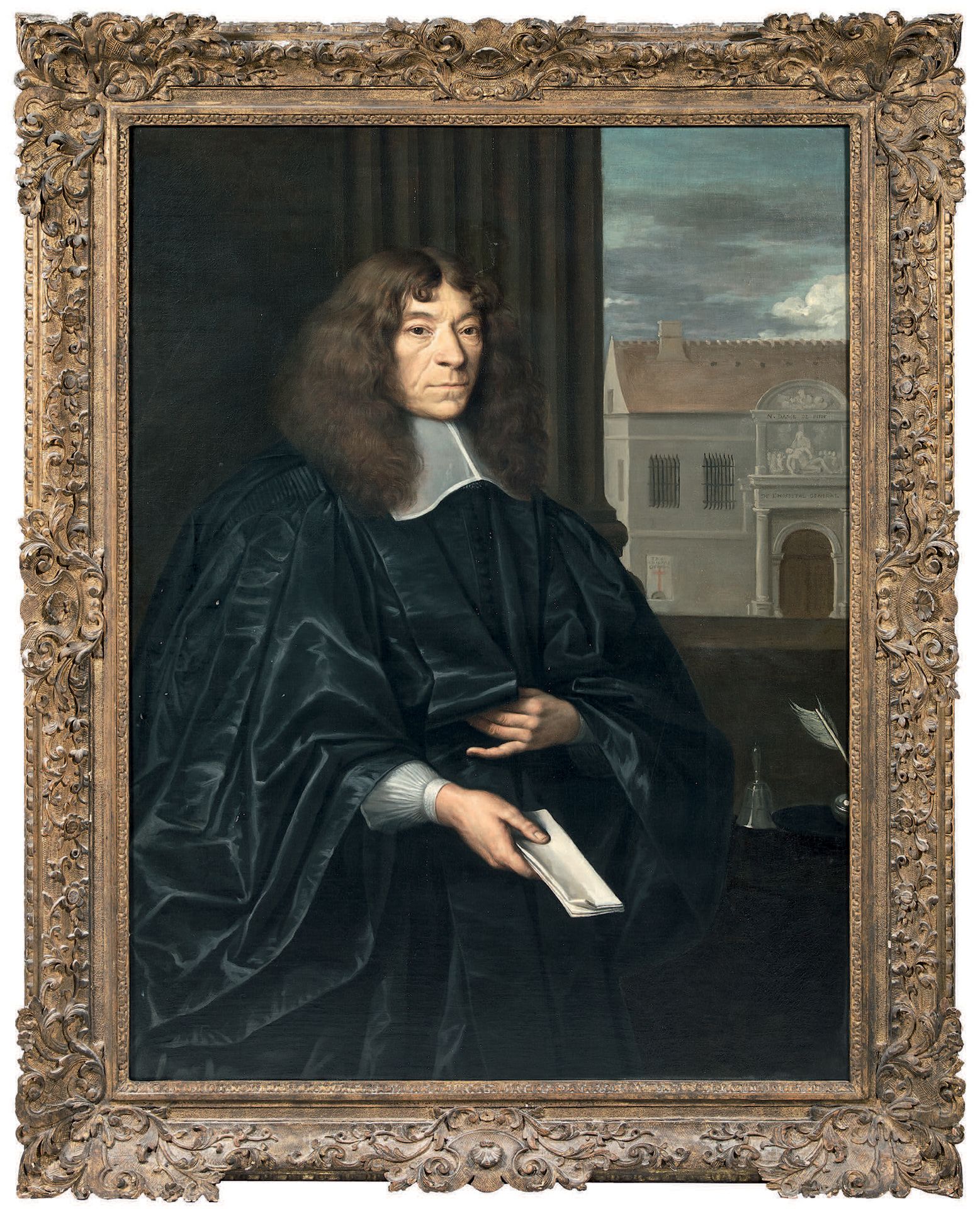 Jacob VAN LOO (c. 1614-1670) : 巴黎综合医院院长让-德-戈蒙在Pitié医院前的推定肖像。布面油画。127 x 95厘米。有框。以&hellip;