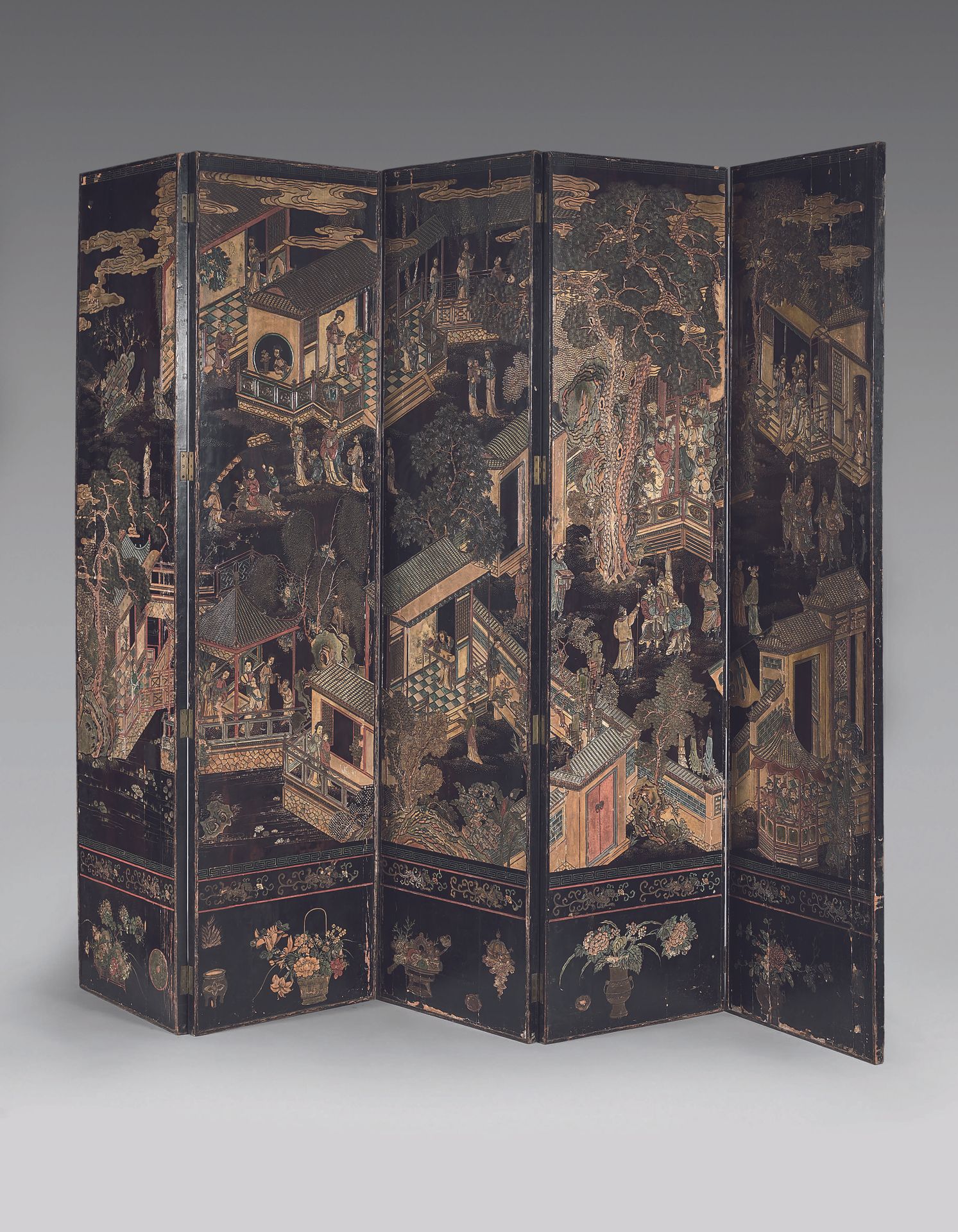 Null Coromandel lacquer screen with five leaves, the panels in blackened wood fr&hellip;