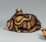 JAPON - Epoque MEIJI (1868 - 1912). Netsuke en ivoire, tigre et dragon enroulés.&hellip;