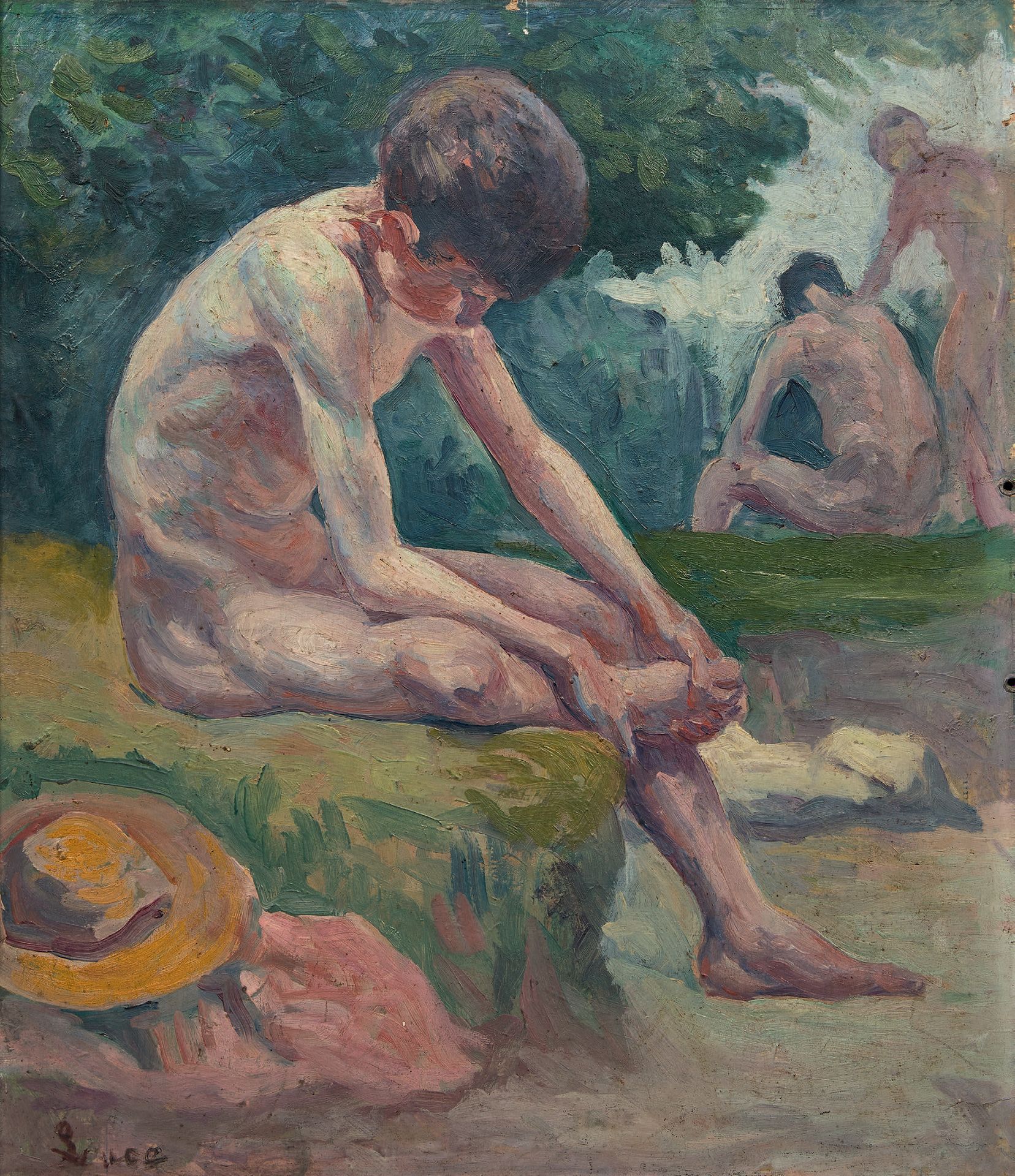 Maximilien LUCE (1858-1941) : YOUNG BATHERS. Oil on old advertising board, signe&hellip;