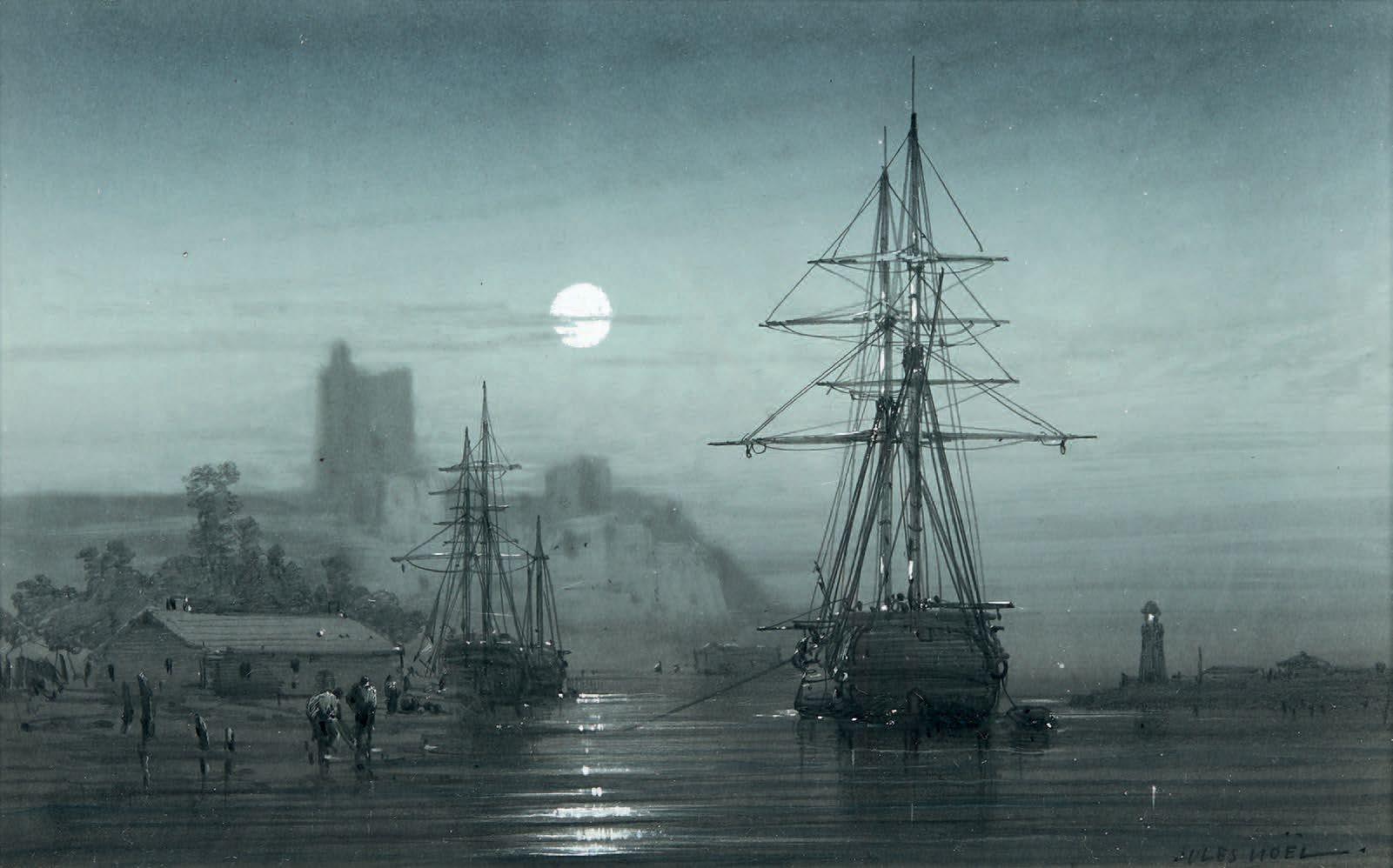 Jules NOËL (1815-1881) : 三桅船在港口，夜间效果。用石墨和银点绘制，有白色水粉高光，右下方有签名。视线：12.5 x 20厘米。原出处：&hellip;