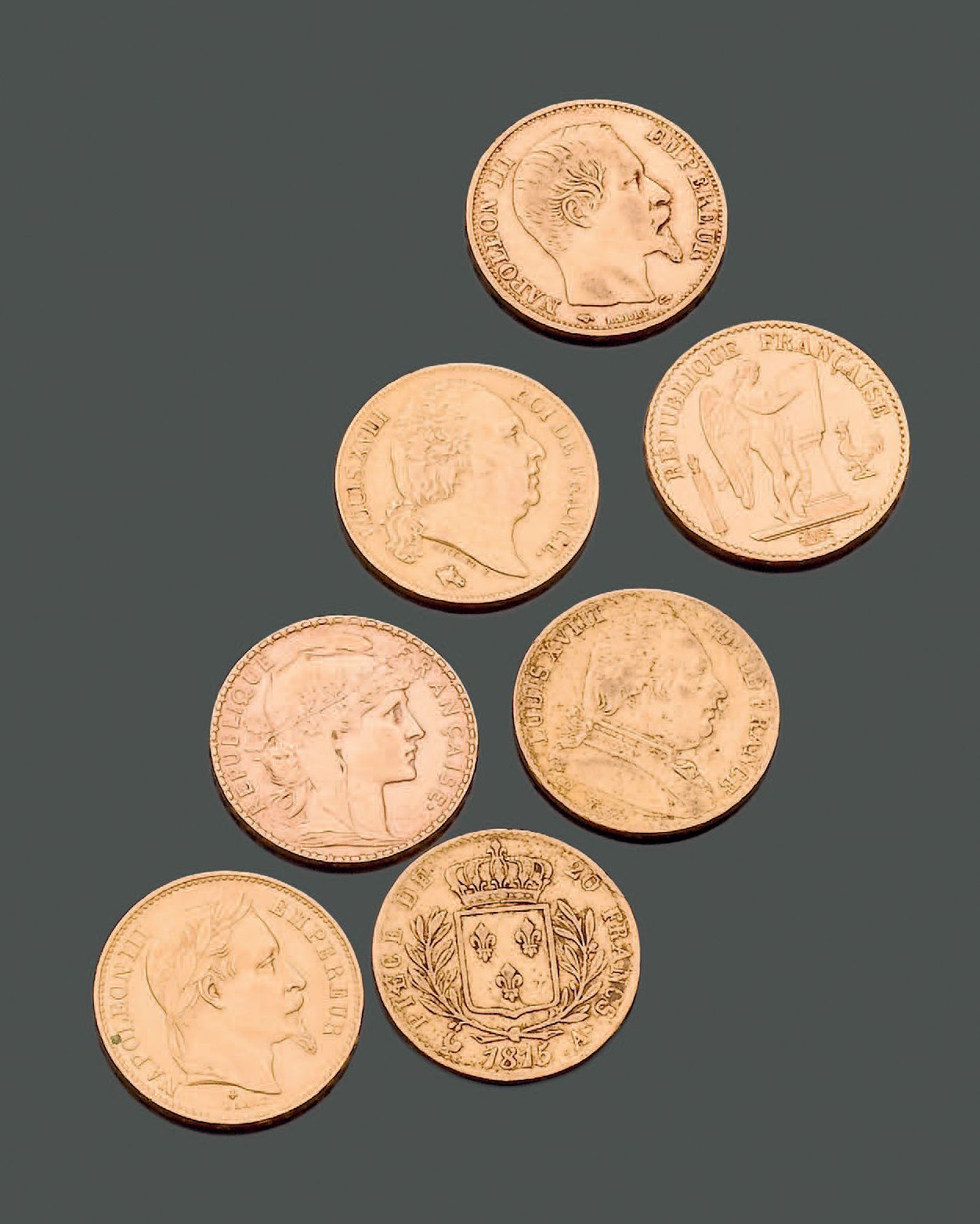 Null FRANCE. Sept pièces de vingt francs en or jaune : - Louis XVIII, 1814 (1), &hellip;