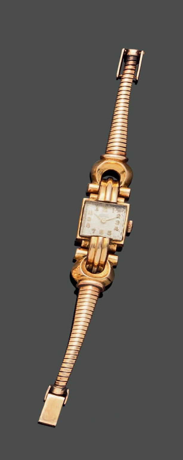 Null 18K（750）黄金女士腕表，方形表盘，阿拉伯数字，管状表带，弧形表耳，新月形表带。不含机构的毛重：17.29克。