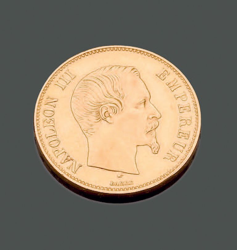 Null 法国。第二帝国时期，拿破仑三世，光头的100法郎硬币，1855年。重量：32.25克。