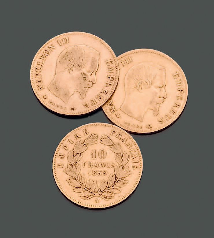 Null 法国。三枚第二帝国黄金十法郎硬币，拿破仑三世，光头，1859（1），1860（2）；重量：9.52克。
